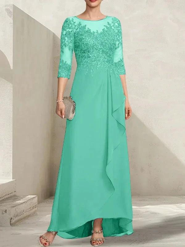 A-line Scoop Illusion Asymmetrical Lace Chiffon Mother of the Bride Dress With Sequins Cascading Ruffles - Image 29