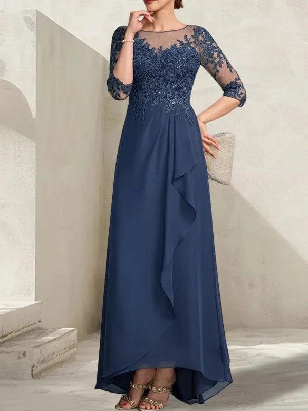 A-line Scoop Illusion Asymmetrical Lace Chiffon Mother of the Bride Dress With Sequins Cascading Ruffles - Image 3