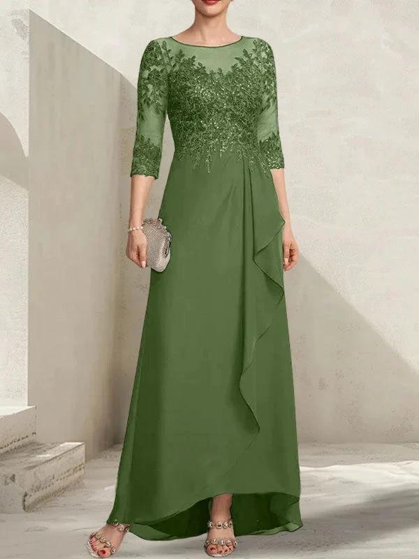 A-line Scoop Illusion Asymmetrical Lace Chiffon Mother of the Bride Dress With Sequins Cascading Ruffles - Image 31