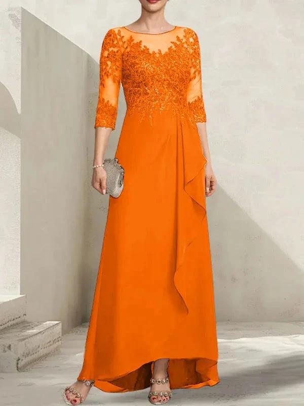 A-line Scoop Illusion Asymmetrical Lace Chiffon Mother of the Bride Dress With Sequins Cascading Ruffles - Image 32