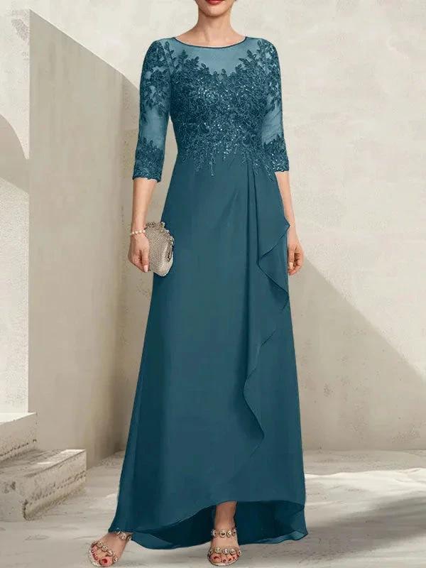 A-line Scoop Illusion Asymmetrical Lace Chiffon Mother of the Bride Dress With Sequins Cascading Ruffles - Image 33