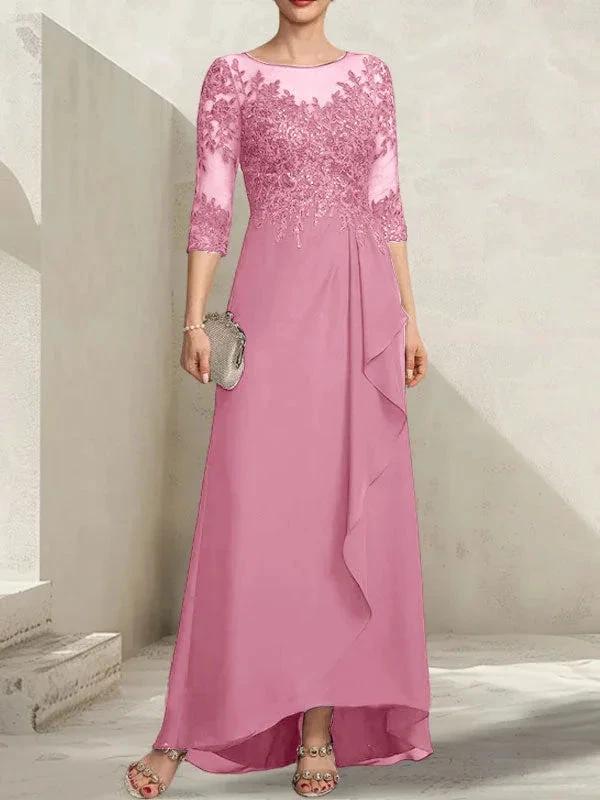A-line Scoop Illusion Asymmetrical Lace Chiffon Mother of the Bride Dress With Sequins Cascading Ruffles - Image 34