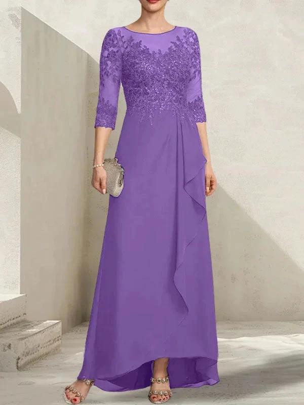 A-line Scoop Illusion Asymmetrical Lace Chiffon Mother of the Bride Dress With Sequins Cascading Ruffles - Image 35
