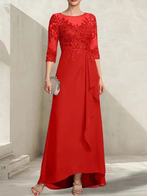A-line Scoop Illusion Asymmetrical Lace Chiffon Mother of the Bride Dress With Sequins Cascading Ruffles - Image 36