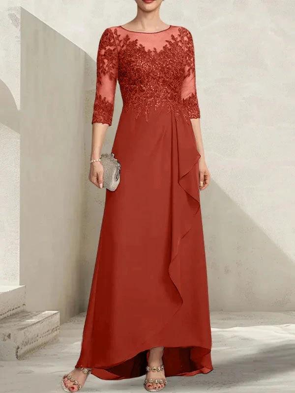 A-line Scoop Illusion Asymmetrical Lace Chiffon Mother of the Bride Dress With Sequins Cascading Ruffles - Image 38