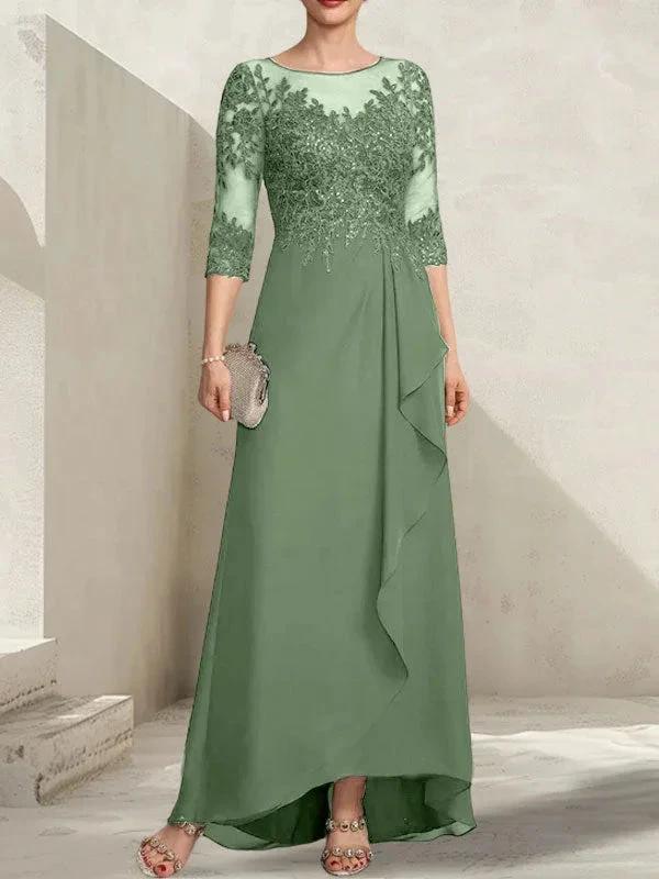 A-line Scoop Illusion Asymmetrical Lace Chiffon Mother of the Bride Dress With Sequins Cascading Ruffles - Image 39