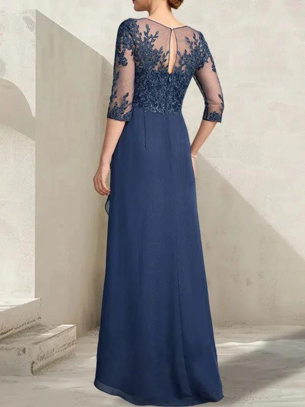 A-line Scoop Illusion Asymmetrical Lace Chiffon Mother of the Bride Dress With Sequins Cascading Ruffles - Image 4