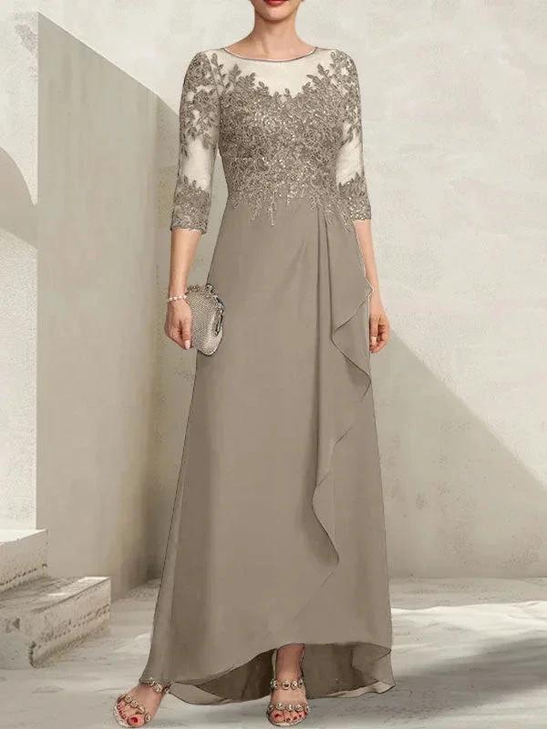 A-line Scoop Illusion Asymmetrical Lace Chiffon Mother of the Bride Dress With Sequins Cascading Ruffles - Image 40