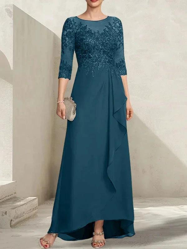 A-line Scoop Illusion Asymmetrical Lace Chiffon Mother of the Bride Dress With Sequins Cascading Ruffles - Image 41