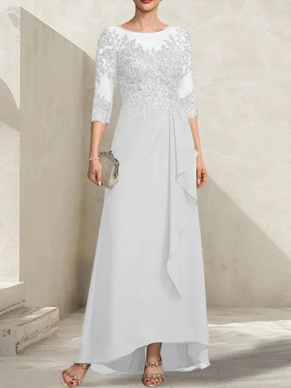 A-line Scoop Illusion Asymmetrical Lace Chiffon Mother of the Bride Dress With Sequins Cascading Ruffles - Image 43