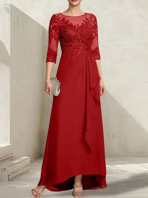 A-line Scoop Illusion Asymmetrical Lace Chiffon Mother of the Bride Dress With Sequins Cascading Ruffles - Image 44