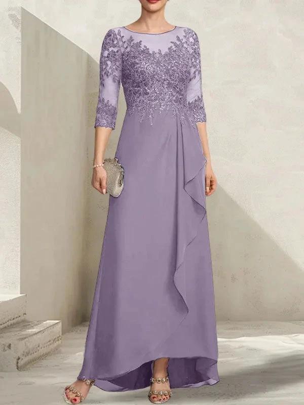 A-line Scoop Illusion Asymmetrical Lace Chiffon Mother of the Bride Dress With Sequins Cascading Ruffles - Image 45
