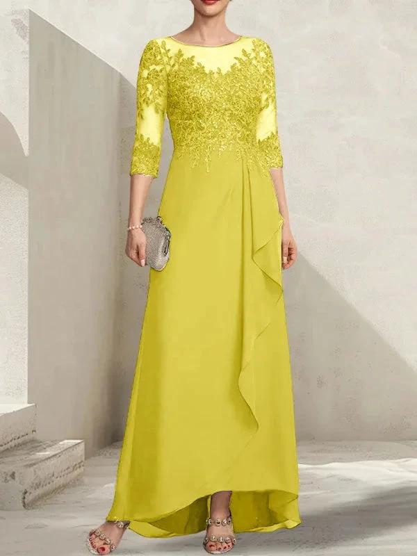 A-line Scoop Illusion Asymmetrical Lace Chiffon Mother of the Bride Dress With Sequins Cascading Ruffles - Image 46