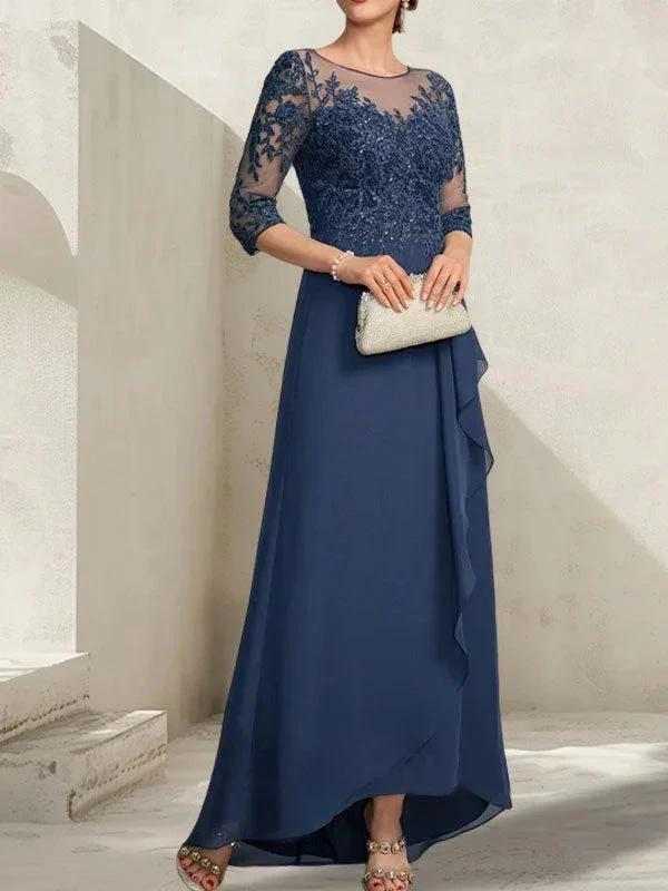 A-line Scoop Illusion Asymmetrical Lace Chiffon Mother of the Bride Dress With Sequins Cascading Ruffles - Image 5