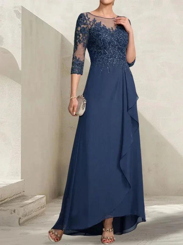 A-line Scoop Illusion Asymmetrical Lace Chiffon Mother of the Bride Dress With Sequins Cascading Ruffles - Image 6