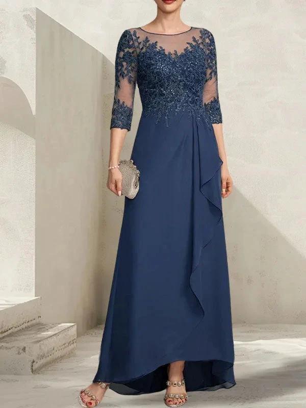A-line Scoop Illusion Asymmetrical Lace Chiffon Mother of the Bride Dress With Sequins Cascading Ruffles - Image 8