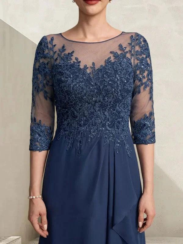 A-line Scoop Illusion Asymmetrical Lace Chiffon Mother of the Bride Dress With Sequins Cascading Ruffles - Image 9