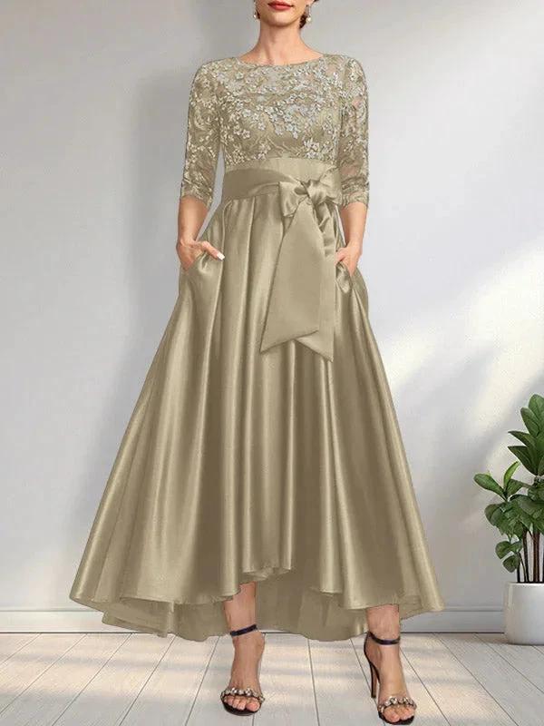 A-line Scoop Illusion Asymmetrical Satin Lace Mother of the Bride Dress With Bow - Image 10