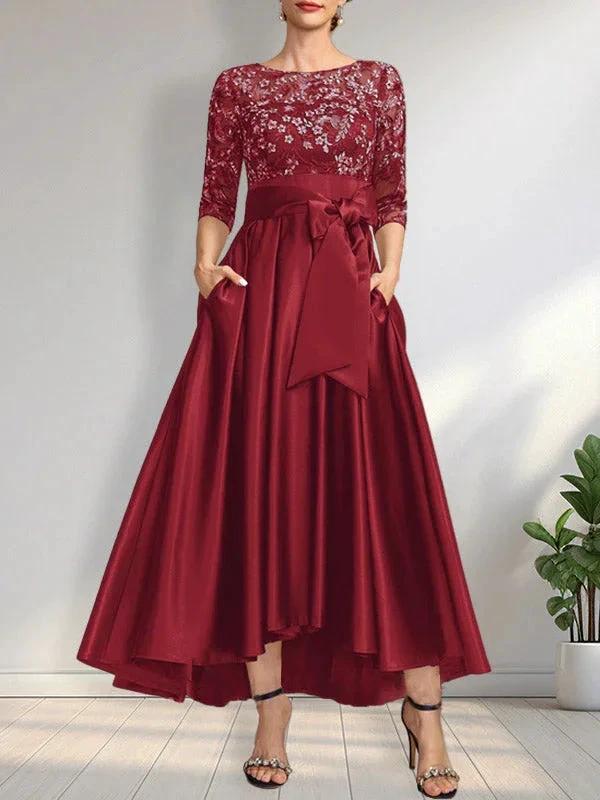 A-line Scoop Illusion Asymmetrical Satin Lace Mother of the Bride Dress With Bow - Image 11