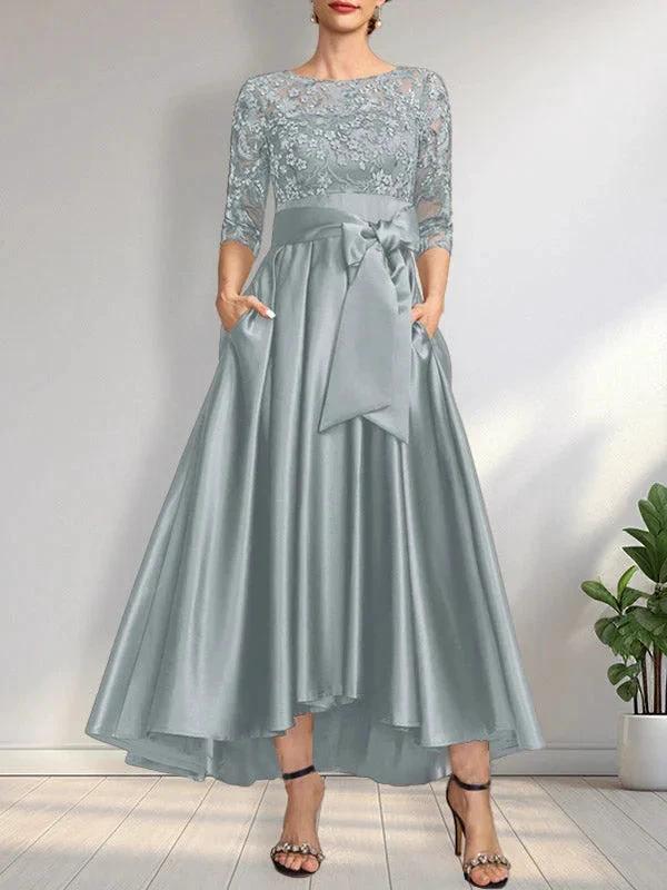 A-line Scoop Illusion Asymmetrical Satin Lace Mother of the Bride Dress With Bow - Image 12