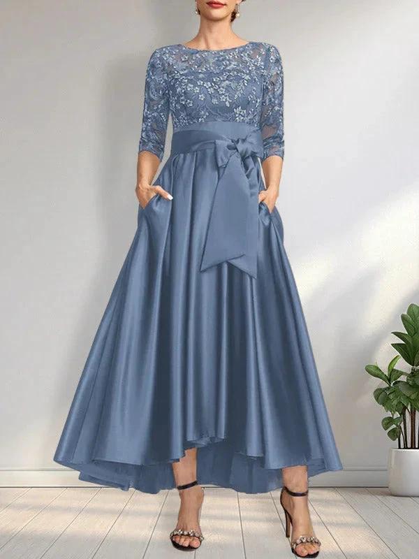 A-line Scoop Illusion Asymmetrical Satin Lace Mother of the Bride Dress With Bow - Image 13