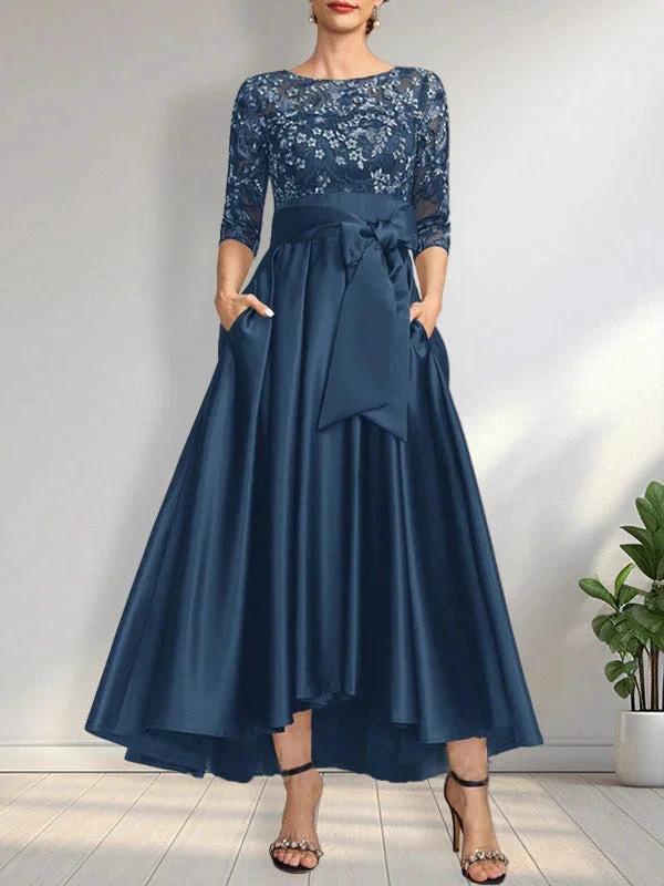A-line Scoop Illusion Asymmetrical Satin Lace Mother of the Bride Dress With Bow - Image 14