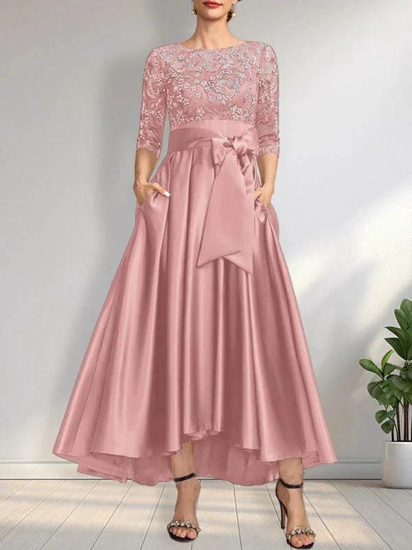 A-line Scoop Illusion Asymmetrical Satin Lace Mother of the Bride Dress With Bow - Image 15
