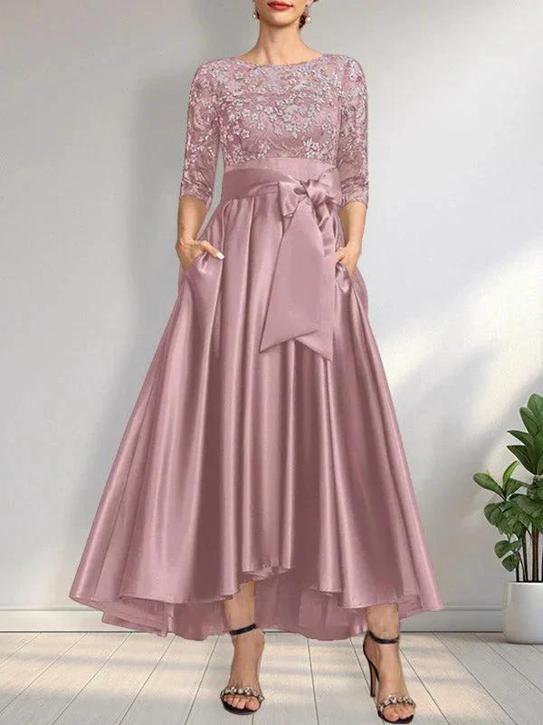 A-line Scoop Illusion Asymmetrical Satin Lace Mother of the Bride Dress With Bow - Image 16