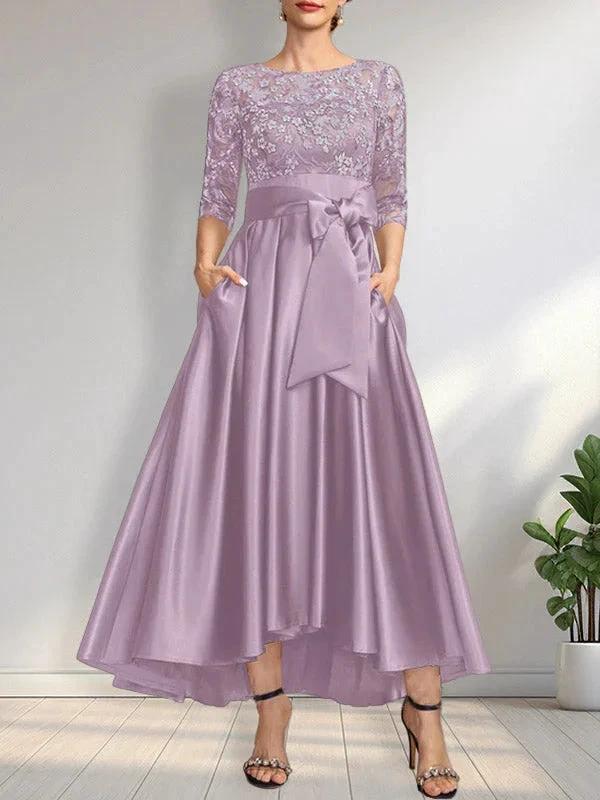 A-line Scoop Illusion Asymmetrical Satin Lace Mother of the Bride Dress With Bow - Image 17