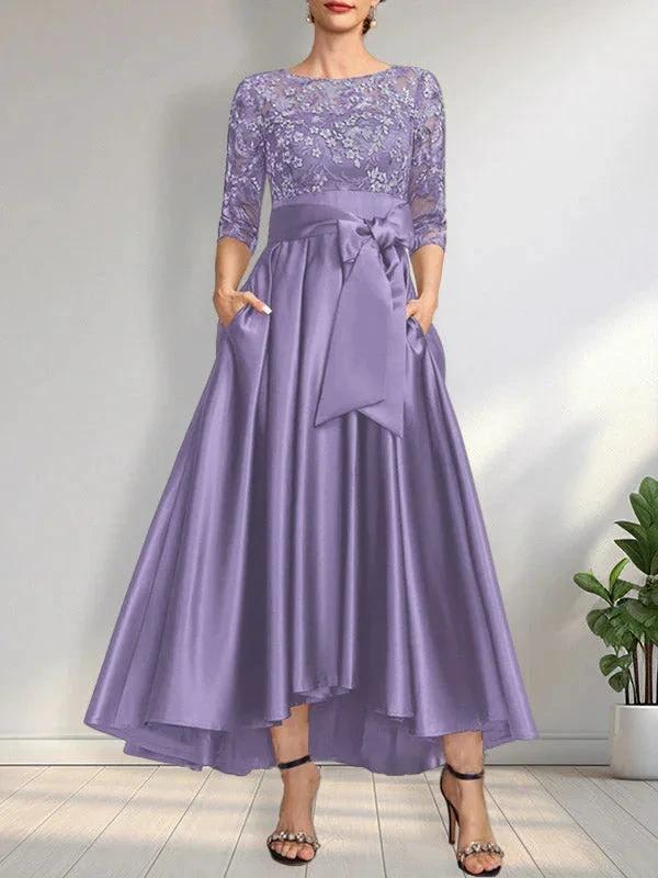 A-line Scoop Illusion Asymmetrical Satin Lace Mother of the Bride Dress With Bow - Image 18