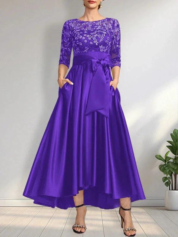 A-line Scoop Illusion Asymmetrical Satin Lace Mother of the Bride Dress With Bow - Image 19