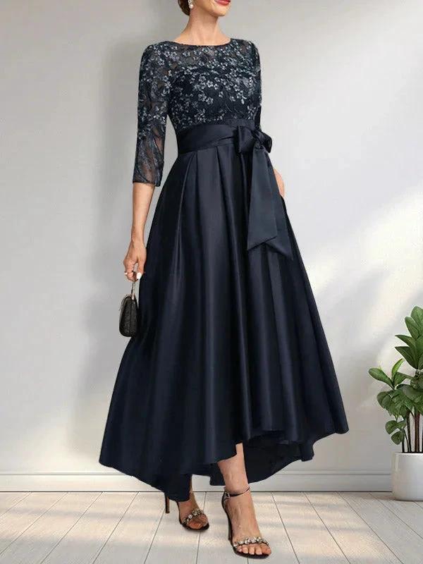 A-line Scoop Illusion Asymmetrical Satin Lace Mother of the Bride Dress With Bow - Image 2