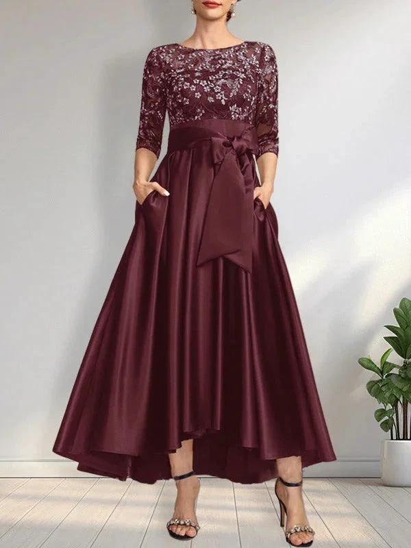 A-line Scoop Illusion Asymmetrical Satin Lace Mother of the Bride Dress With Bow - Image 20