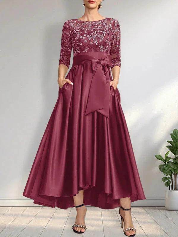 A-line Scoop Illusion Asymmetrical Satin Lace Mother of the Bride Dress With Bow - Image 21