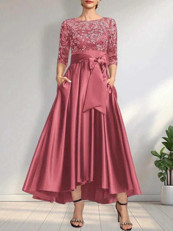 A-line Scoop Illusion Asymmetrical Satin Lace Mother of the Bride Dress With Bow - Image 22