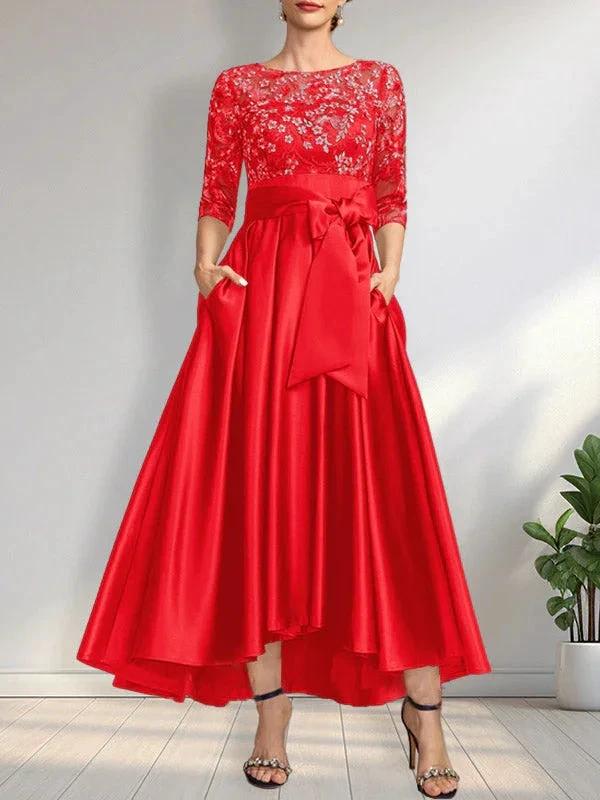 A-line Scoop Illusion Asymmetrical Satin Lace Mother of the Bride Dress With Bow - Image 23