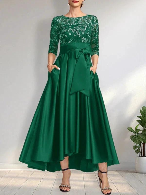 A-line Scoop Illusion Asymmetrical Satin Lace Mother of the Bride Dress With Bow - Image 24