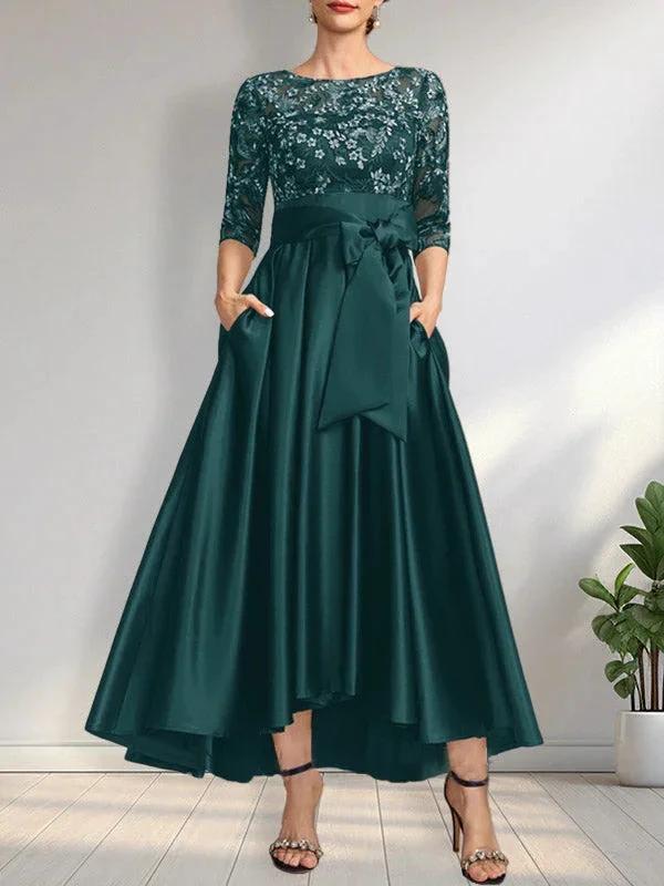 A-line Scoop Illusion Asymmetrical Satin Lace Mother of the Bride Dress With Bow - Image 25
