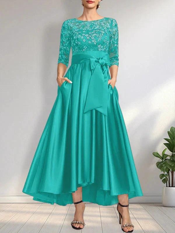 A-line Scoop Illusion Asymmetrical Satin Lace Mother of the Bride Dress With Bow - Image 26