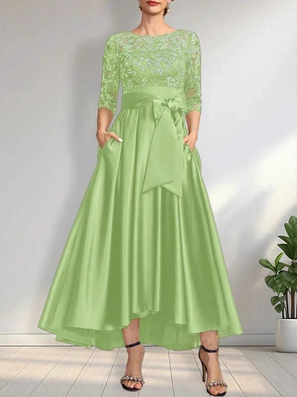 A-line Scoop Illusion Asymmetrical Satin Lace Mother of the Bride Dress With Bow - Image 27