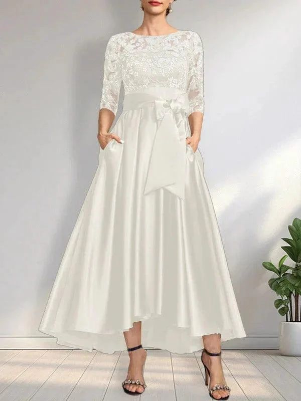 A-line Scoop Illusion Asymmetrical Satin Lace Mother of the Bride Dress With Bow - Image 28