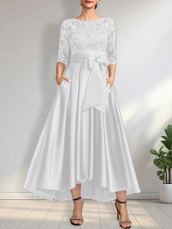 A-line Scoop Illusion Asymmetrical Satin Lace Mother of the Bride Dress With Bow - Image 29