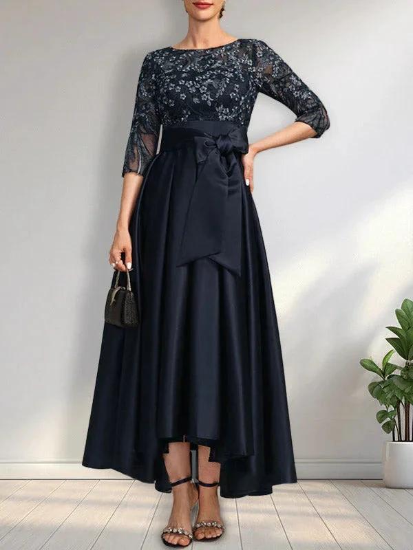 A-line Scoop Illusion Asymmetrical Satin Lace Mother of the Bride Dress With Bow - Image 3
