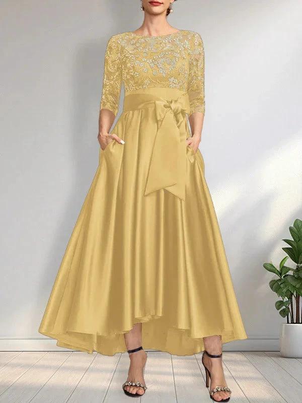 A-line Scoop Illusion Asymmetrical Satin Lace Mother of the Bride Dress With Bow - Image 30