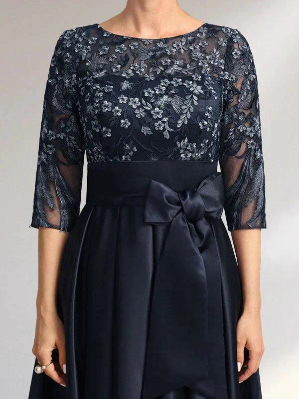 A-line Scoop Illusion Asymmetrical Satin Lace Mother of the Bride Dress With Bow - Image 4
