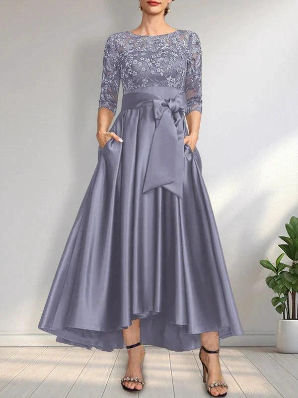 A-line Scoop Illusion Asymmetrical Satin Lace Mother of the Bride Dress With Bow - Image 5