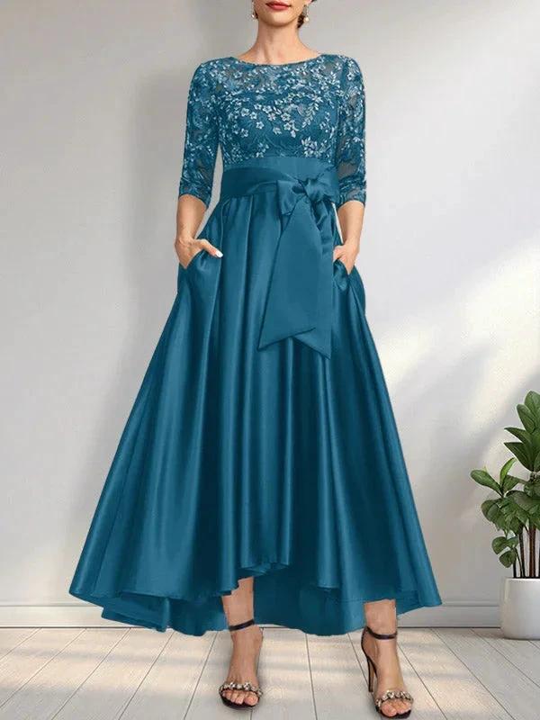 A-line Scoop Illusion Asymmetrical Satin Lace Mother of the Bride Dress With Bow - Image 6