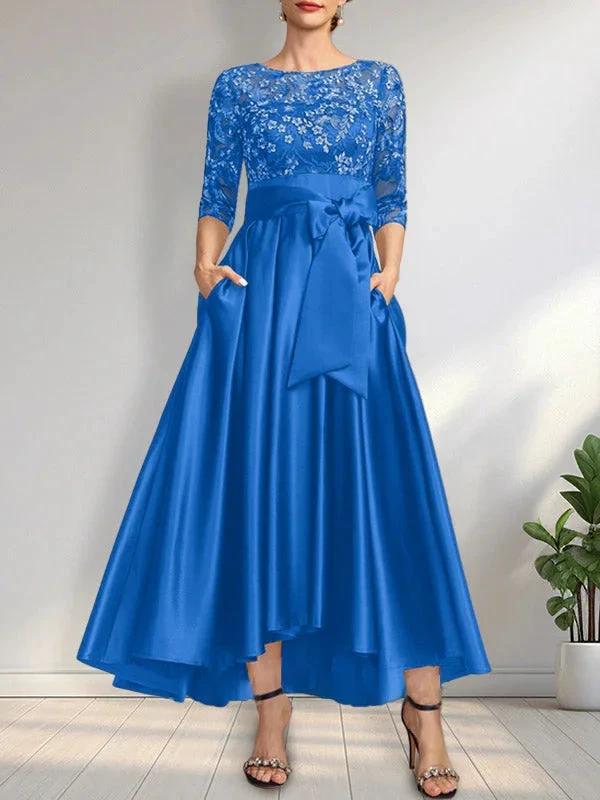 A-line Scoop Illusion Asymmetrical Satin Lace Mother of the Bride Dress With Bow - Image 7