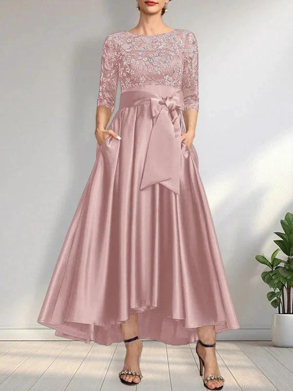 A-line Scoop Illusion Asymmetrical Satin Lace Mother of the Bride Dress With Bow - Image 8