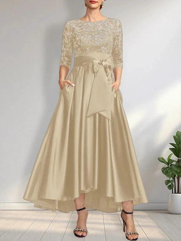 A-line Scoop Illusion Asymmetrical Satin Lace Mother of the Bride Dress With Bow - Image 9